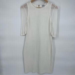 CACHE Dress Ivory Winter White Knit Crochet Trim Sleeve Bodycon Cocktail M